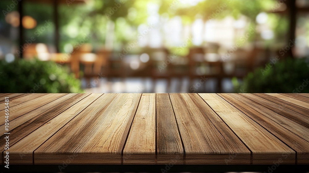 Rustic wooden table surface in foreground, blurred outdoor cafe or restaurant setting in background, creating inviting ambiance for dining or relaxation. Rustic wooden table surface in foreground, blurred outdoor cafe or restaurant setting in background, creating inviting ambiance for dining or relaxation.