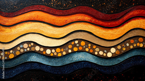 Dot paintings in earthy tones with wavy patterns formed by the lines.