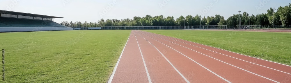 Fototapeta premium A wide-angle view of a well-maintained running track on a sunny day, bordered by green grass and trees, with a stadium in the background.