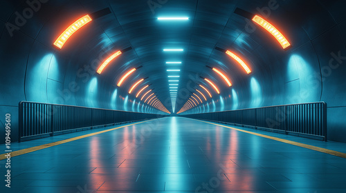 Futuristic subway tunnel with neon lights. Perfect for sci-fi, cyberpunk, and urban themes.