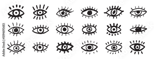 Grunge eyes hand drawn doodle icon set. Open black eyes with bold line. Monochrome eye element