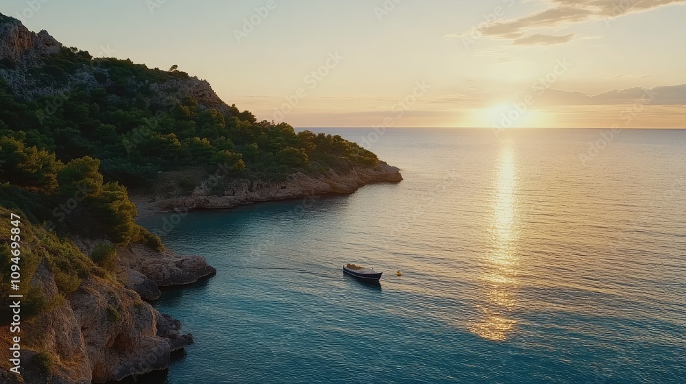 Stunning sunset over a luxury yacht in calm Mediterranean waters, with rugged cliffs and lush green island scenery in the background Stunning sunset over a luxury yacht in calm Mediterranean waters, with rugged cliffs and lush green island scenery in the background