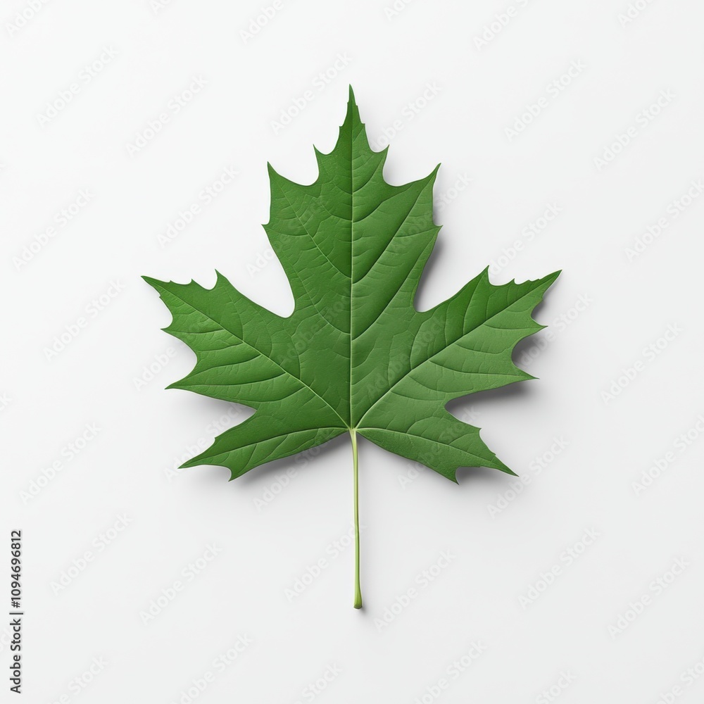 Single green maple leaf on white background: nature's simplicity in focus Single green maple leaf on white background: nature's simplicity in focus