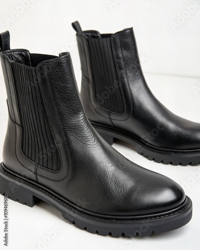 Pair of Stylish Black Leather Chelsea Boots with Lug Sole on White Background  
 photo