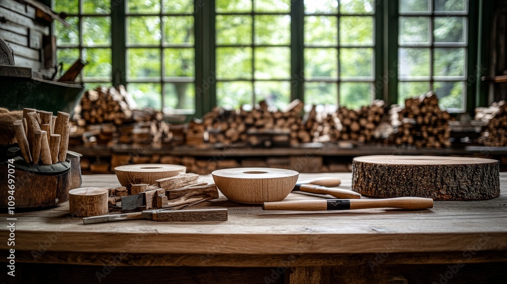 Wooden Workshop with Carvings and Tools Wooden Workshop with Carvings and Tools