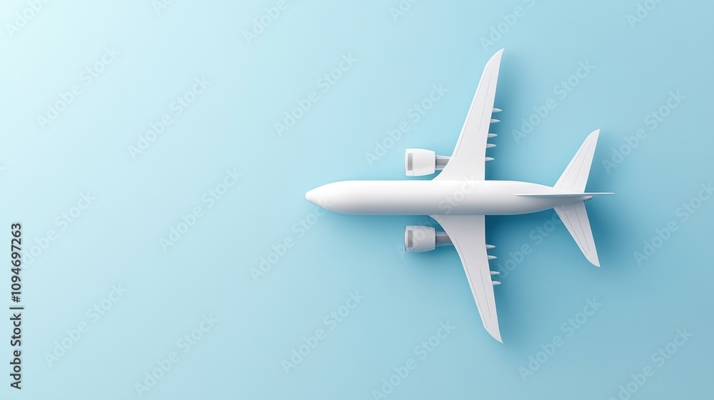 Minimalist white airplane on soft blue background: modern aerial travel concept Minimalist white airplane on soft blue background: modern aerial travel concept