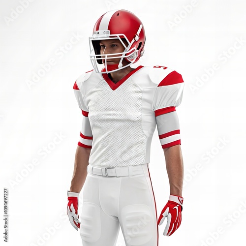 American Football Player in White and Red Uniform with Helmet and Gloves on White Background  
