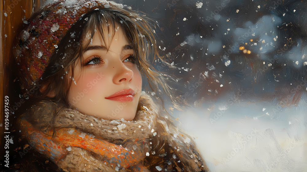 In this oil painting of primitive folk art, a young girl enjoys a winter night surrounded by warm earthy colors In this oil painting of primitive folk art, a young girl enjoys a winter night surrounded by warm earthy colors