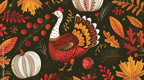 Joyful Thanksgiving vector illustration featuring turkey birds, pumpkins, autumn leaves, and diverse festive elements, flat cartoon style, colorful background, hand-drawn details, celebratory atmosphe