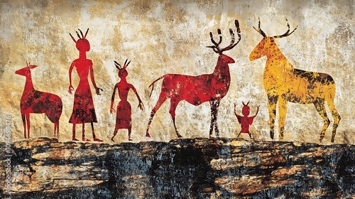 Ancient Cave Painting Depicting Humans and Deer in a Prehistoric Landscape. AI Generated photo