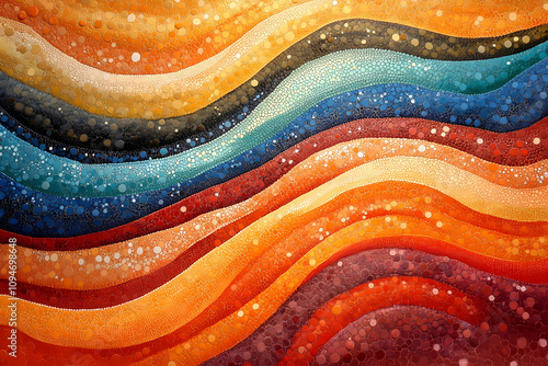 Dot paintings in earthy tones with wavy patterns formed by the lines.