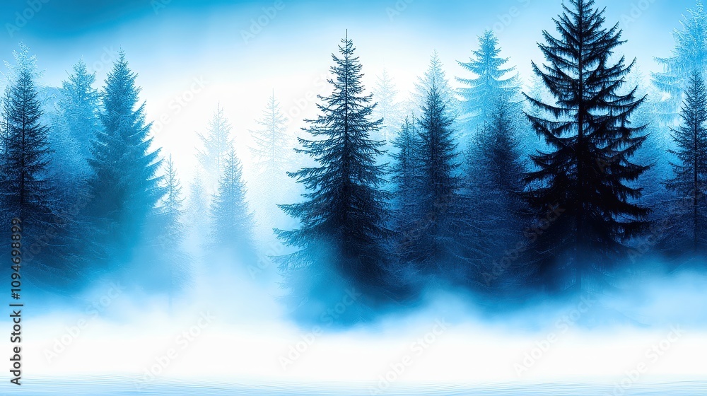 Mysterious winter forest enveloped in fog at dawn with silhouette of tall evergreen trees Mysterious winter forest enveloped in fog at dawn with silhouette of tall evergreen trees
