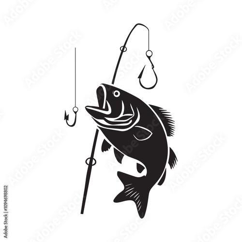 fish caught on fishing rod and Box. a black rod label that says the name of the Fishing hook.
