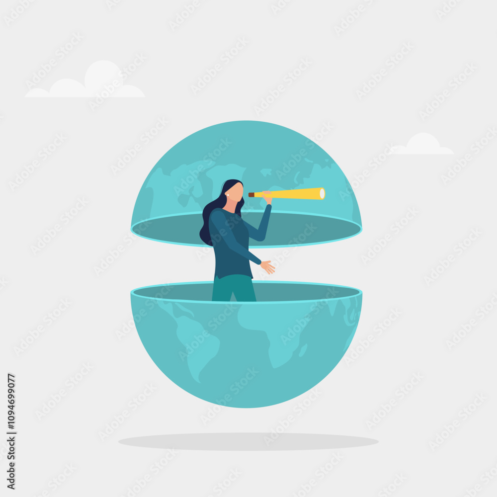 World economic vision of business, work or investment. Character using binoculars in search of a future vision. Flat vector illustration. World economic vision of business, work or investment. Character using binoculars in search of a future vision. Flat vector illustration.