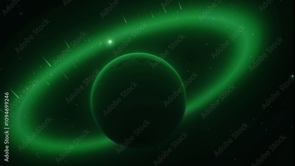 Naklejka premium 3D rendering, green planet with a glowing aurora encircling the poles, dark starry sky as the backdrop 