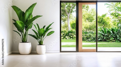 Lush indoor garden space with a serene archway and vibrant greenery in a bright, minimalist setting