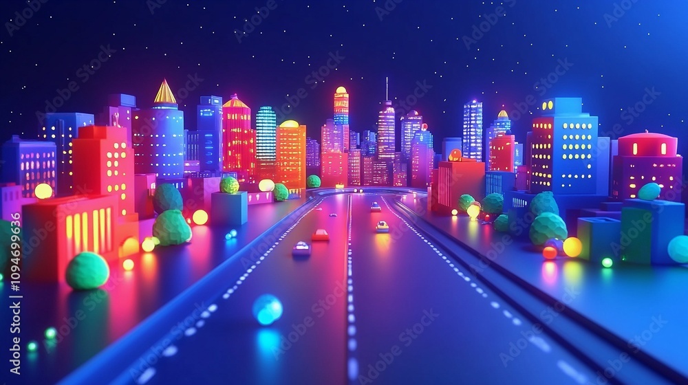 Fototapeta premium City at Night with 3D Rendered Lights Creating Patterns from Above