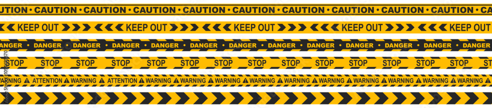 Obraz premium Yellow and black ribbon. Vector set of tapes. For prohibited and dangerous areas.