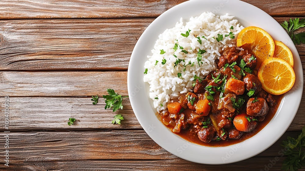A plate of beef stew with rice, carrots, onions, and orange slices on a wooden background. A plate of beef stew with rice, carrots, onions, and orange slices on a wooden background.