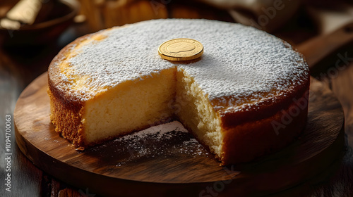 A traditional Greek Vasilopita cake, partially sliced, with a coin placed on top, dusted with powdered sugar, on a wooden serving board photo