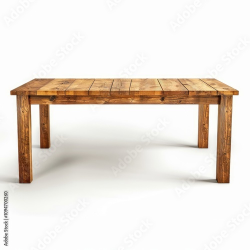 Simple wooden table with thick legs and planks creating tabletop surface, isolated on white background photo