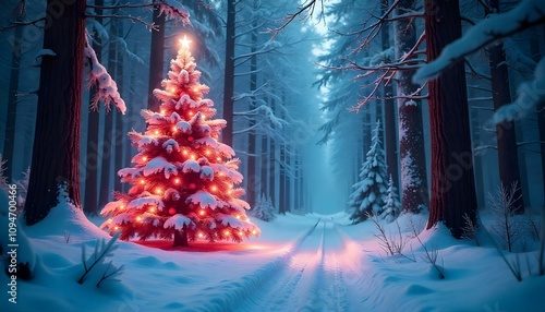 Christmas tree in a snowy forest. photo