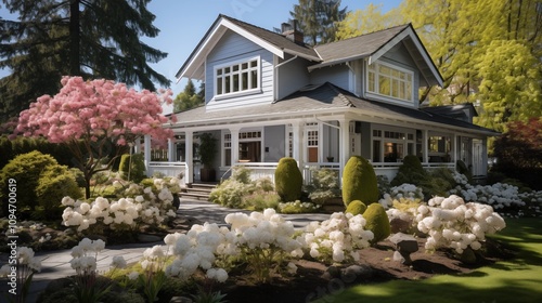 Charming colonial family home with white wooden cladding, a large front yard, and a well-maintained flower bed and lawn for a peaceful retreat.