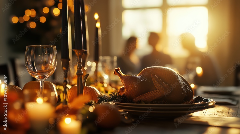 Thanksgiving table setting with turkey centerpiece and family gathering Thanksgiving table setting with turkey centerpiece and family gathering