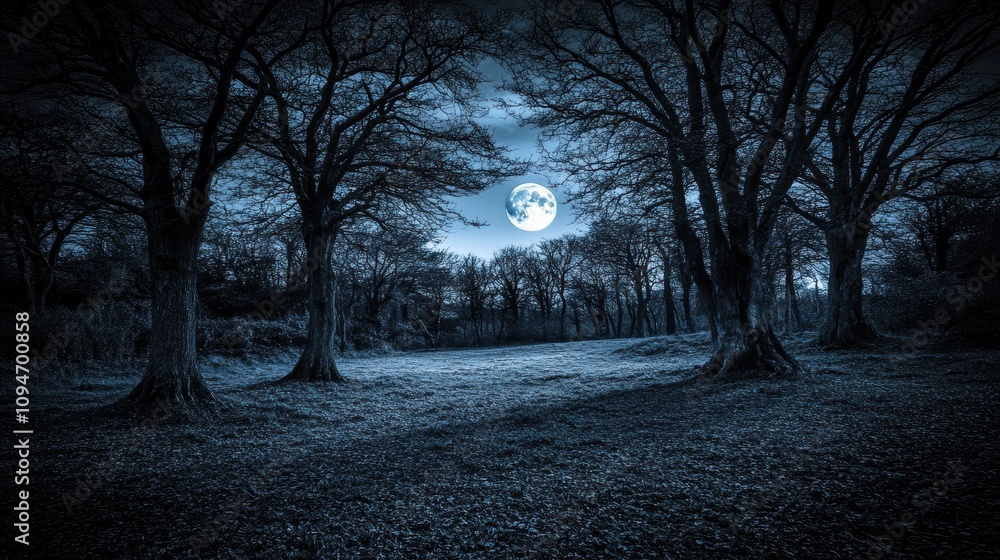 Fototapeta premium Full moon illuminating a dark, mystical forest clearing.