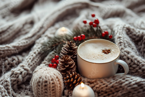 Cup of cappuccino with christmas decoration on knitted background. Generative AI