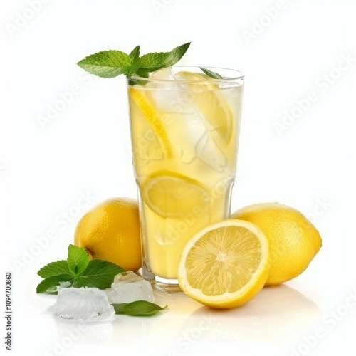 Glass of refreshing lemonade with ice cubes, lemon slices, and fresh mint on a white background