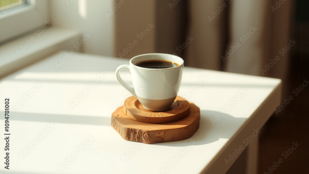 A cup of coffee on a wooden stand on a clean light beige desk A cup of coffee on a wooden stand on a clean light beige desk