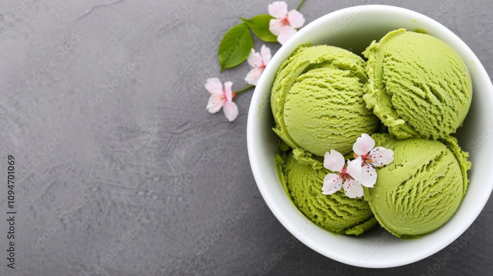 Bowl of green tea ice cream with cherry blossoms. Bowl of green tea ice cream with cherry blossoms.