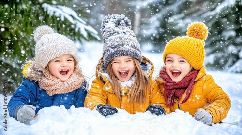 Joyful children laughing and playing in a snowy wonderland during wintertime