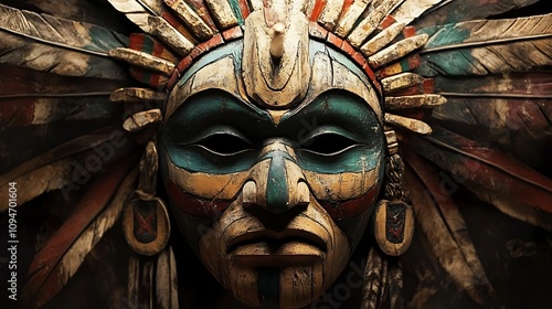 Intricate Wooden Mask with Colorful Feathers and Painted Face. AI Generated photo