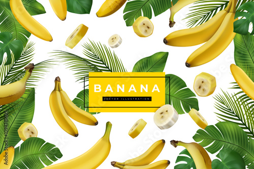 Banana background. 3D summer leaves and food. Tropical banner, frame with green leaf. Dessert from exotic palm fruit whole and cut. Flyer or poster. Vector design realistic isolated natural elements
