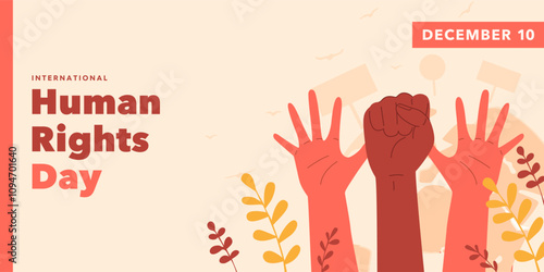 Vector banner of raised hands of speakers at a rally. Illustration for Human Rights Day on December 10, advocating for liberation from oppression and racial discrimination