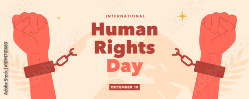 Vector illustration of two hands raised in the air with broken shackles. Banner for Human Rights Day on December 10. Vector banner about liberation from restrictions or oppression