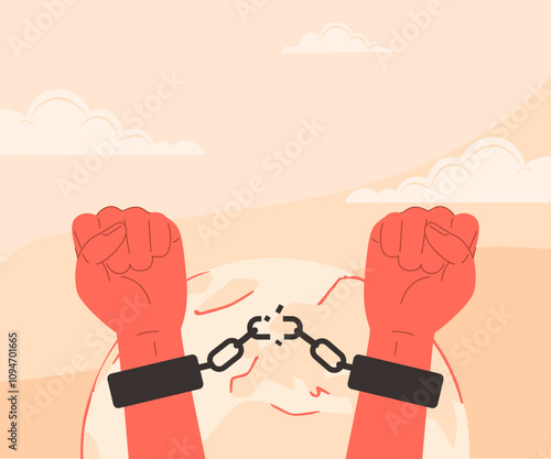 Vector illustration of two hands raised in the air with broken shackles. Banner for Human Rights Day on December 10. Vector banner about liberation from restrictions or oppression