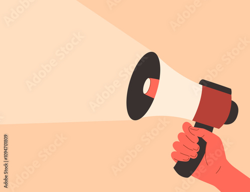 Vector illustration of a hand holding a loudspeaker. Illustration for Human Rights Day on December 10, advocating for liberation from oppression and racial discrimination. Demonstrations or rallies
