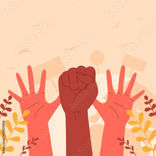 Vector illustration of raised hands of speakers at a rally. Illustration for Human Rights Day on December 10, advocating for liberation from oppression and racial discrimination