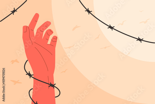 Vector illustration of a hand wrapped in barbed wire. Banner for Human Rights Day on December 10. Vector banner about liberation from oppression, racial discrimination