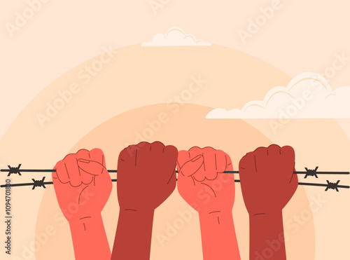 Vector illustration of hands holding barbed wire from different sides. Banner for Human Rights Day on December 10. Vector banner about liberation from oppression and racial discrimination