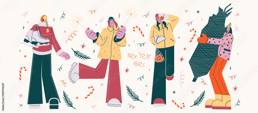 Vector Illustration of Festive Women in Retro Style A Woman Holding Ice Skates, with Sparklers, One Carrying a Net of Tangerines, and Another Hugging a Christmas Tree; Minimalist Holiday Design Vector Illustration of Festive Women in Retro Style A Woman Holding Ice Skates, with Sparklers, One Carrying a Net of Tangerines, and Another Hugging a Christmas Tree; Minimalist Holiday Design