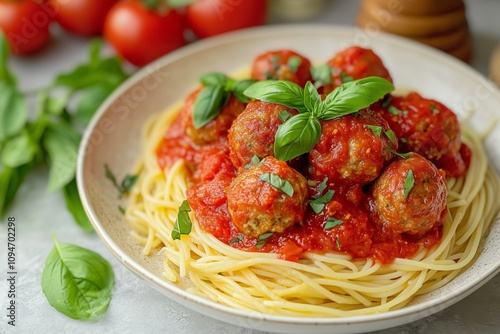 Classic Italian Spaghetti and Meatballs with Tomato Sauce, Fresh Basil and Authentic Italian Flavors