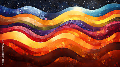 Dot paintings in earthy tones with wavy patterns formed by the lines.