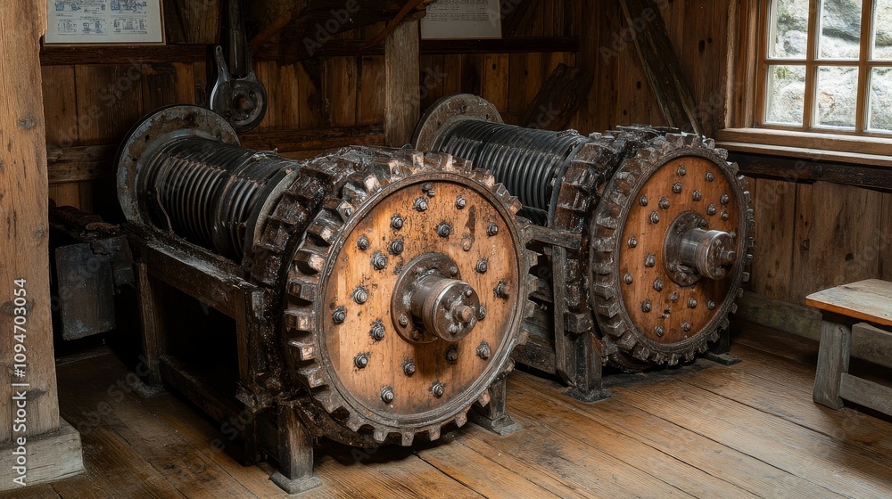 Two large, toothed, metal wheels inside a wooden structure Two large, toothed, metal wheels inside a wooden structure