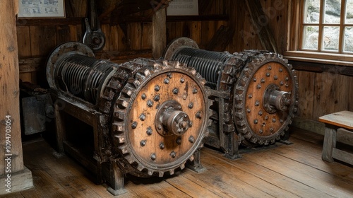 Two large, toothed, metal wheels inside a wooden structure photo