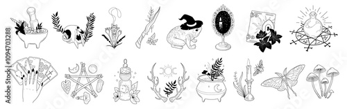 Magic logo. Mystical vintage elements. Halloween icons. Sticker of esoteric witch graphic stickers. Astrology Boho. Tarot card. Potion cauldron. Wizard crystals and mushrooms. Vector witchcraft set