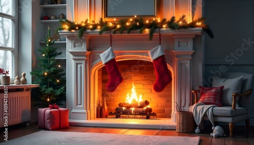 Cozy fireplace with Christmas stockings. photo